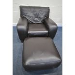 A LARGE BROWN LEATHER UPHOLSTERED ARMCHAIR, width 107cm x depth 104cm x height 80cm, along with a