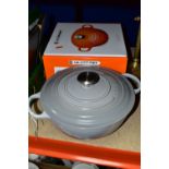 A BOXED LE CREUSET SIGNATURE SOUP POT, in Mist Grey enamelled cast iron, diameter 26cm, capacity 4.1