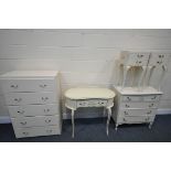 A MATCHED CREAM FRENCH BEDROOM SUITE, to include a kidney dressing table, with a single drawer,