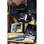 A BOX CONTAINING VINTAGE FILM CAMERAS AND ACCESORIES including a Thagee EXA 2 SLR camera fitted with