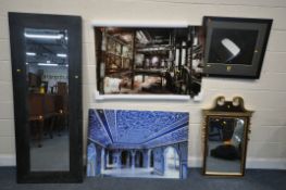 A BLACK FINISH FULL LENGTH FLOOR MIRROR, two glass pictures, of various scenes, a gilt framed