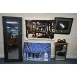 A BLACK FINISH FULL LENGTH FLOOR MIRROR, two glass pictures, of various scenes, a gilt framed