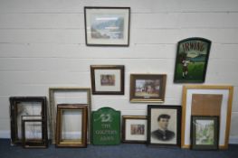 A SECTION OF PICTURES AND PICTURE FRAMES, to include two panelled golfers signs, six framed pictures