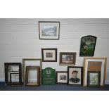 A SECTION OF PICTURES AND PICTURE FRAMES, to include two panelled golfers signs, six framed pictures