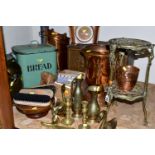 A GROUP OF METALWARE, to include a brass jardiniere stand with three feet, large copper planter, a