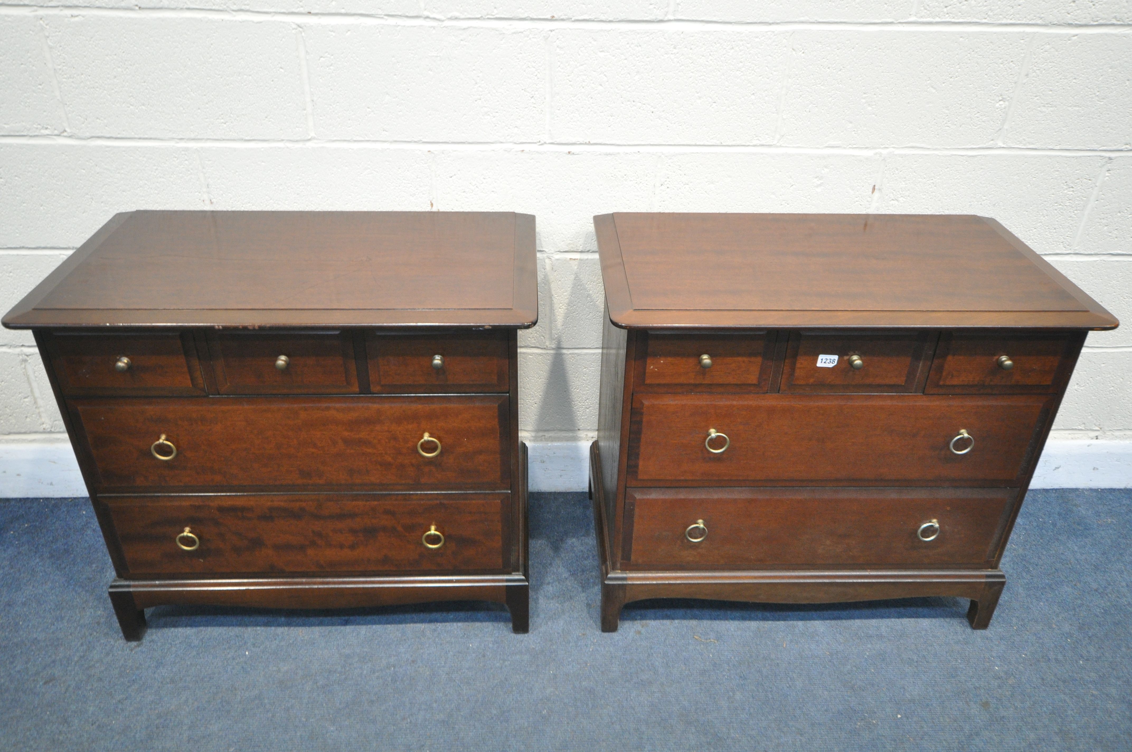 TWO STAG MINSTREL MAHOGANY LOW CHEST OF THREE SHORT OVER TWO LONG DRAWERS, width 82cm x depth 47cm x