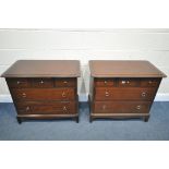 TWO STAG MINSTREL MAHOGANY LOW CHEST OF THREE SHORT OVER TWO LONG DRAWERS, width 82cm x depth 47cm x