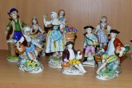 A GROUP OF DRESDEN AND SITZENDORF PORCELAIN FIGURE GROUP, comprising a Sitzendorf seated girl with a