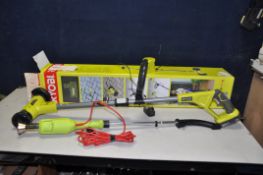 A RYOBI ONE+ 18V PATIO CLEANER with wire wheel, charger and one battery in box along with a Garden