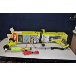 A RYOBI ONE+ 18V PATIO CLEANER with wire wheel, charger and one battery in box along with a Garden