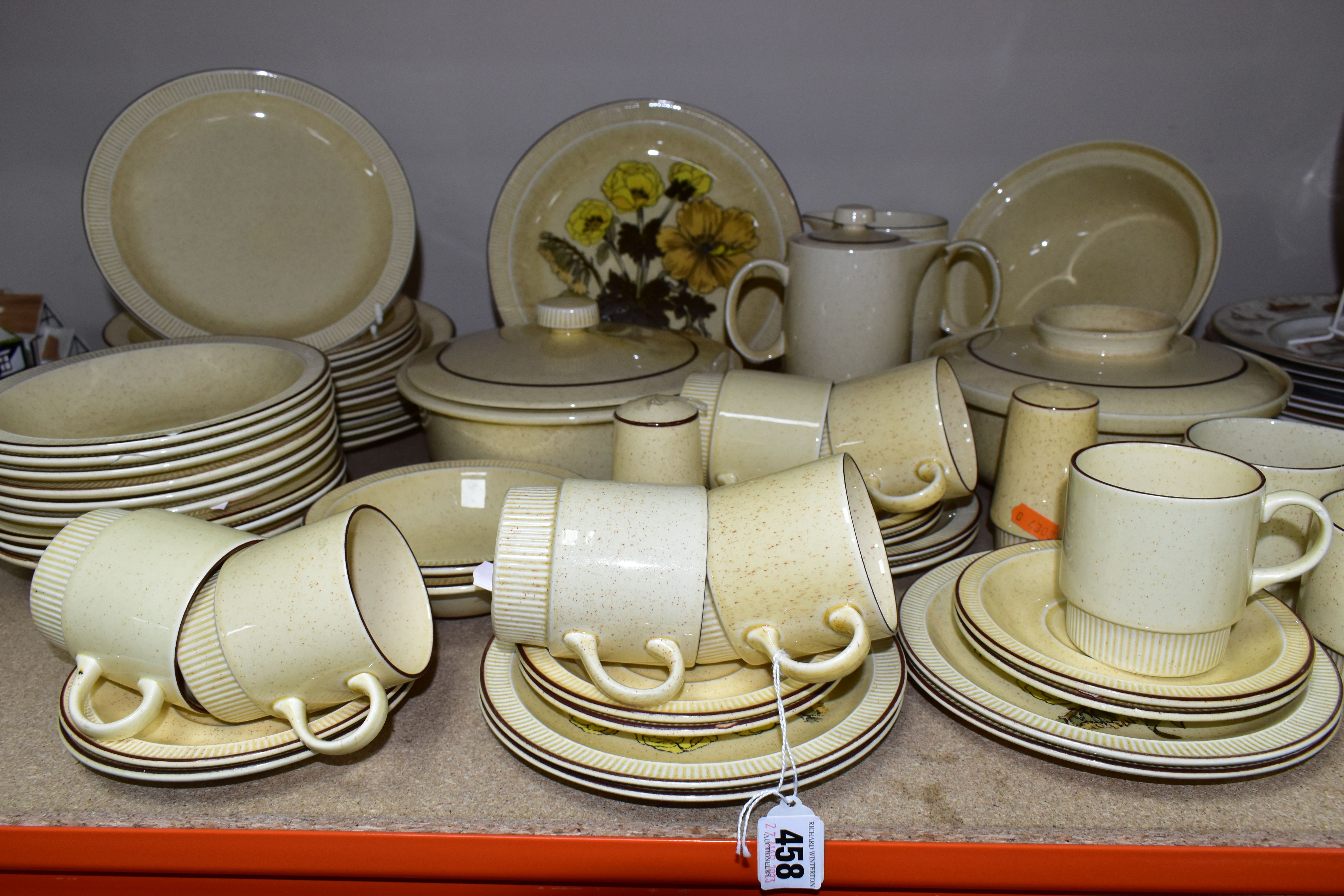 A POOLE POTTERY BROADSTONE COMPACT SHAPE DINNER SET, comprising one sugar bowl, two egg cups, salt