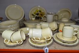 A POOLE POTTERY BROADSTONE COMPACT SHAPE DINNER SET, comprising one sugar bowl, two egg cups, salt