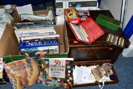 TWO BOXES AND LOOSE SEWING MACHINE, ACCESSORIES, HABERDASHERY AND SEWING BOOKS, to include a