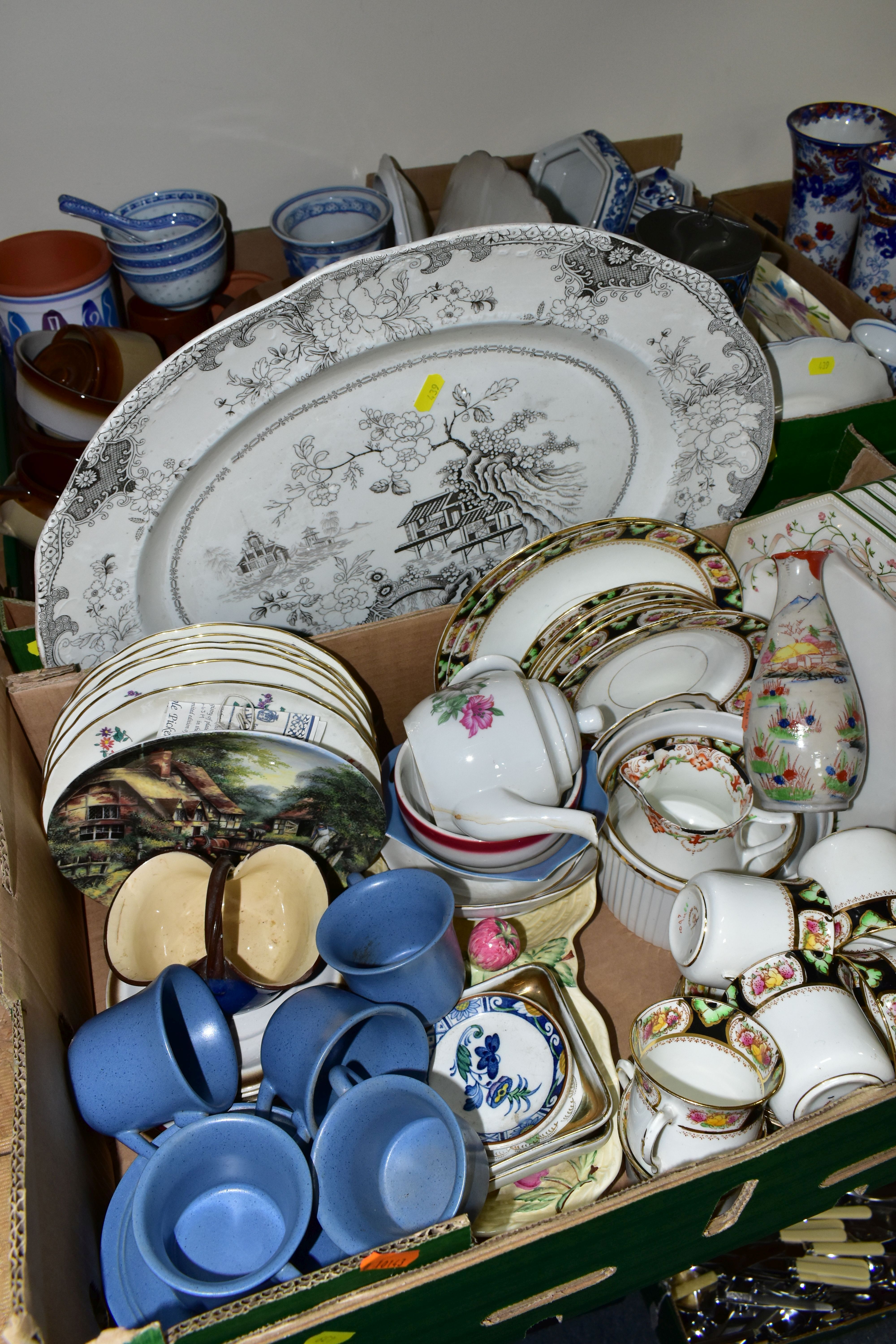 FIVE BOXES OF CERAMICS, to include a large black and white Royal Doulton 'Willow' pattern meat - Image 4 of 8