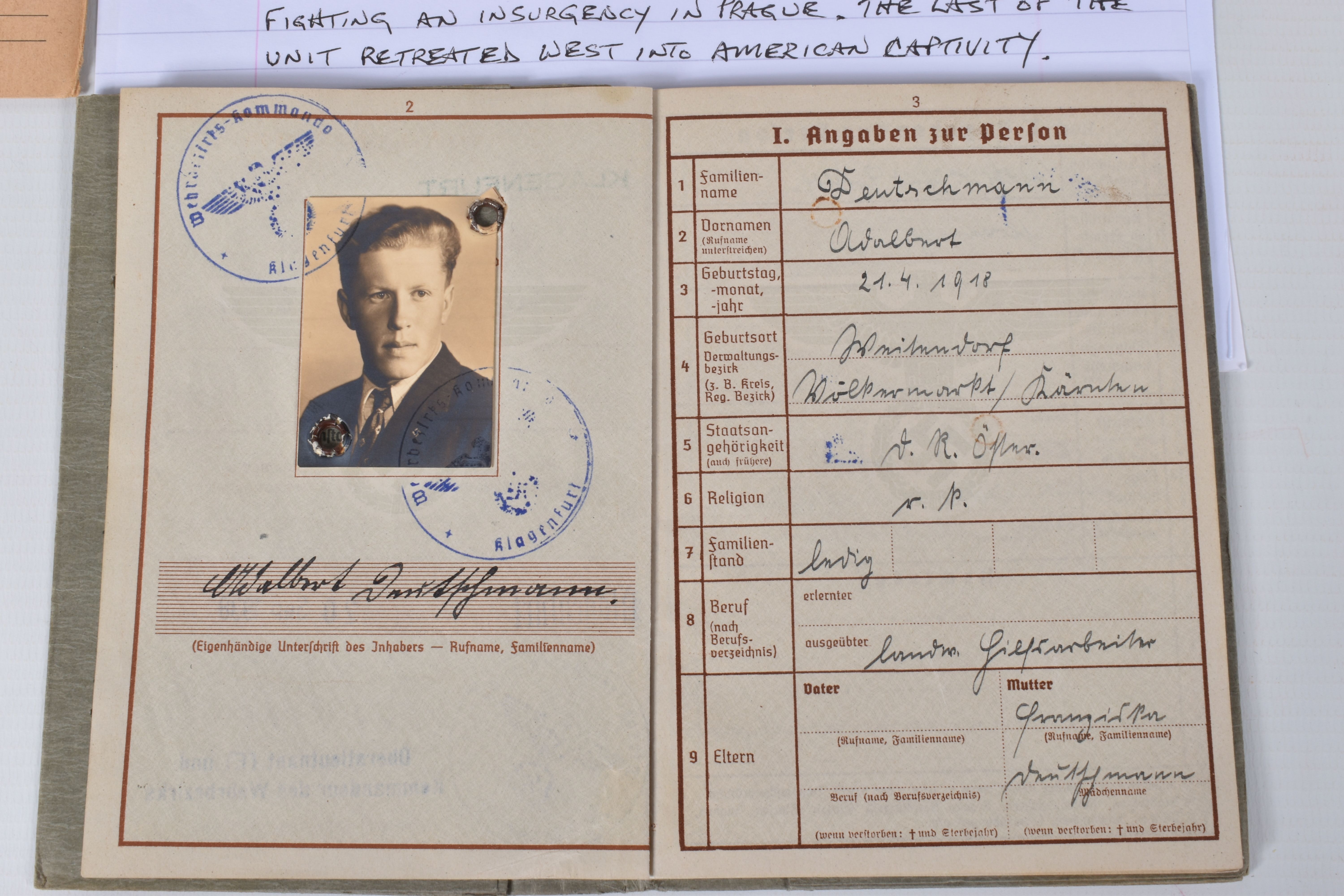 SS WEHRPASS (SERVICE) BOOK AND SS RECORD CARD for Adalbert Deutschmann, DOB 21/04/1918. place - Image 2 of 7