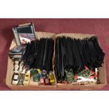 A QUANTITY OF MOSTLY UNBOXED AND ASSORTED SCALEXTRIC CARS, TRACK AND ACCESSORIES, to include unboxed