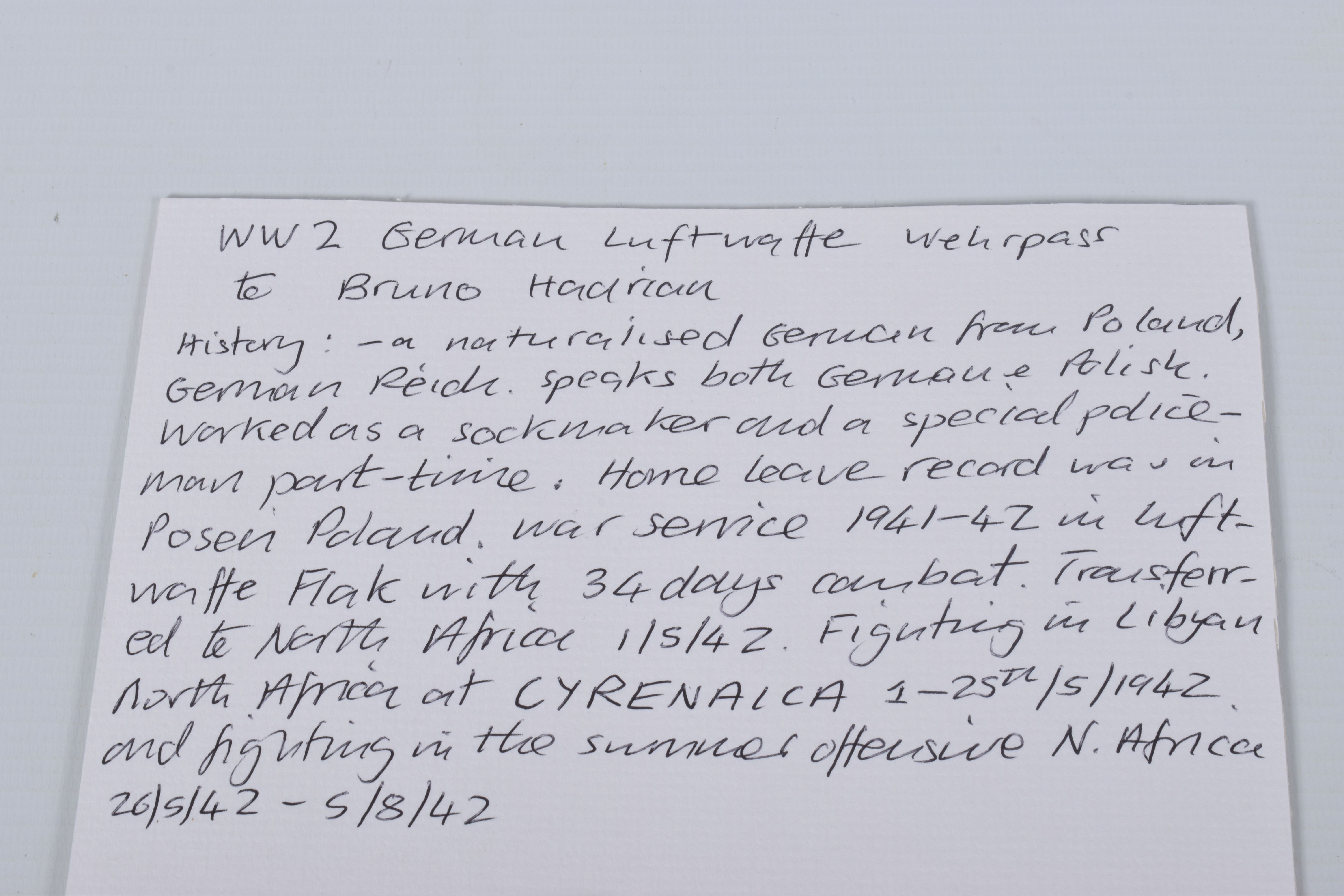 BRUNO HADRIAN, WW2 GERMAN LUFTWAFFE WEHRPASS, Naturalised German from Poland, German Reick, Spoke - Image 2 of 4