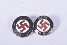 TWO GERMAN PIN BADGES, to include an NSDAP Nazi Party DVG Westmark (LOTHR) badge, and a HEIM INS