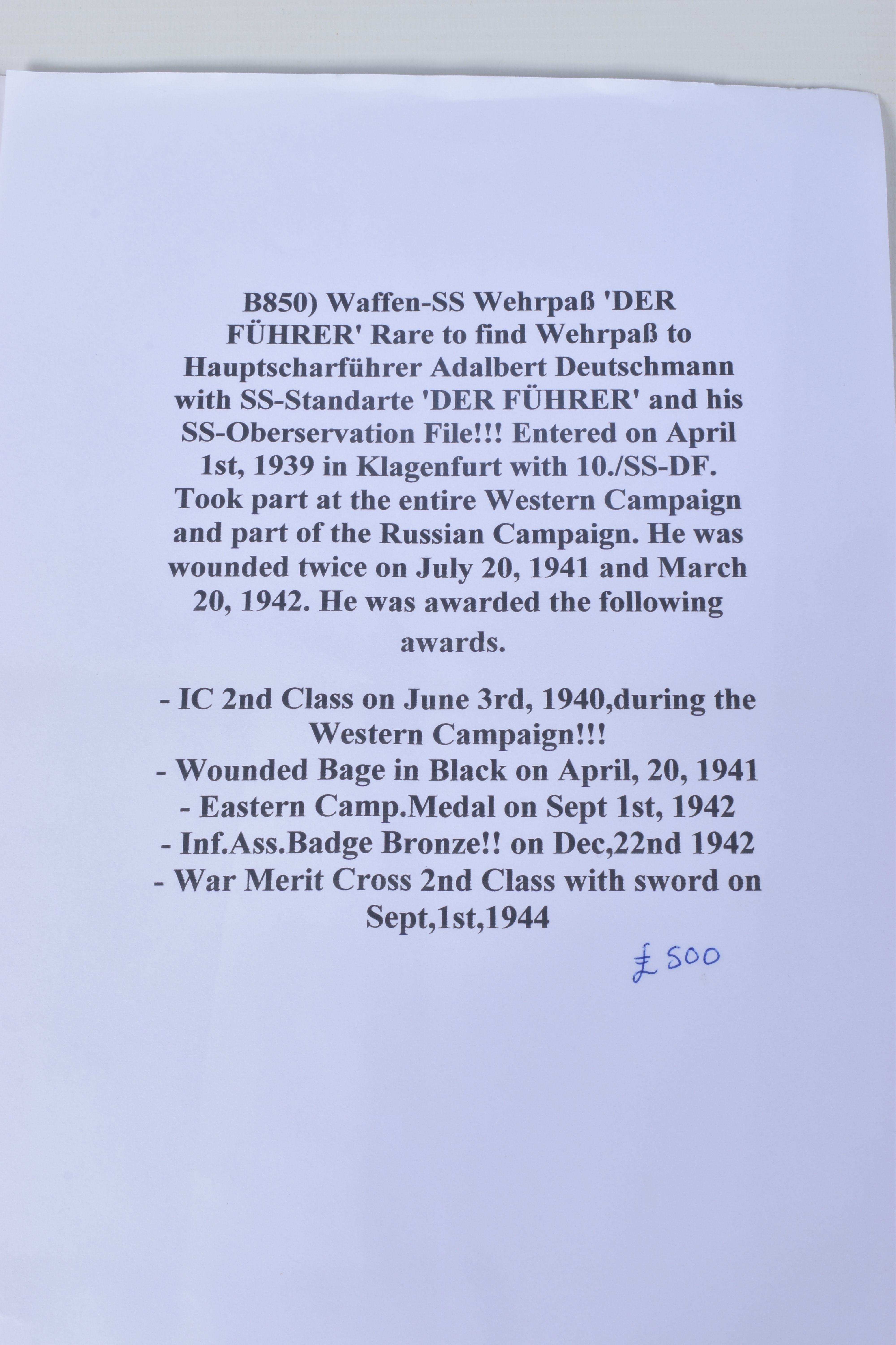 SS WEHRPASS (SERVICE) BOOK AND SS RECORD CARD for Adalbert Deutschmann, DOB 21/04/1918. place - Image 7 of 7