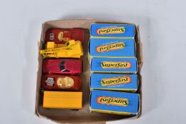 A QUANTITY OF BOXED MATCHBOX SUPERFAST DIECAST VEHICLES, Mercedes Trailer, No.2, in gold with yellow