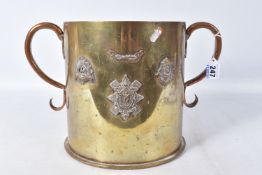 A LARGE WWI DATED TRENCH ART LOVING CUP, it is dated 1916 and has 'DUSSELDORF' written along the