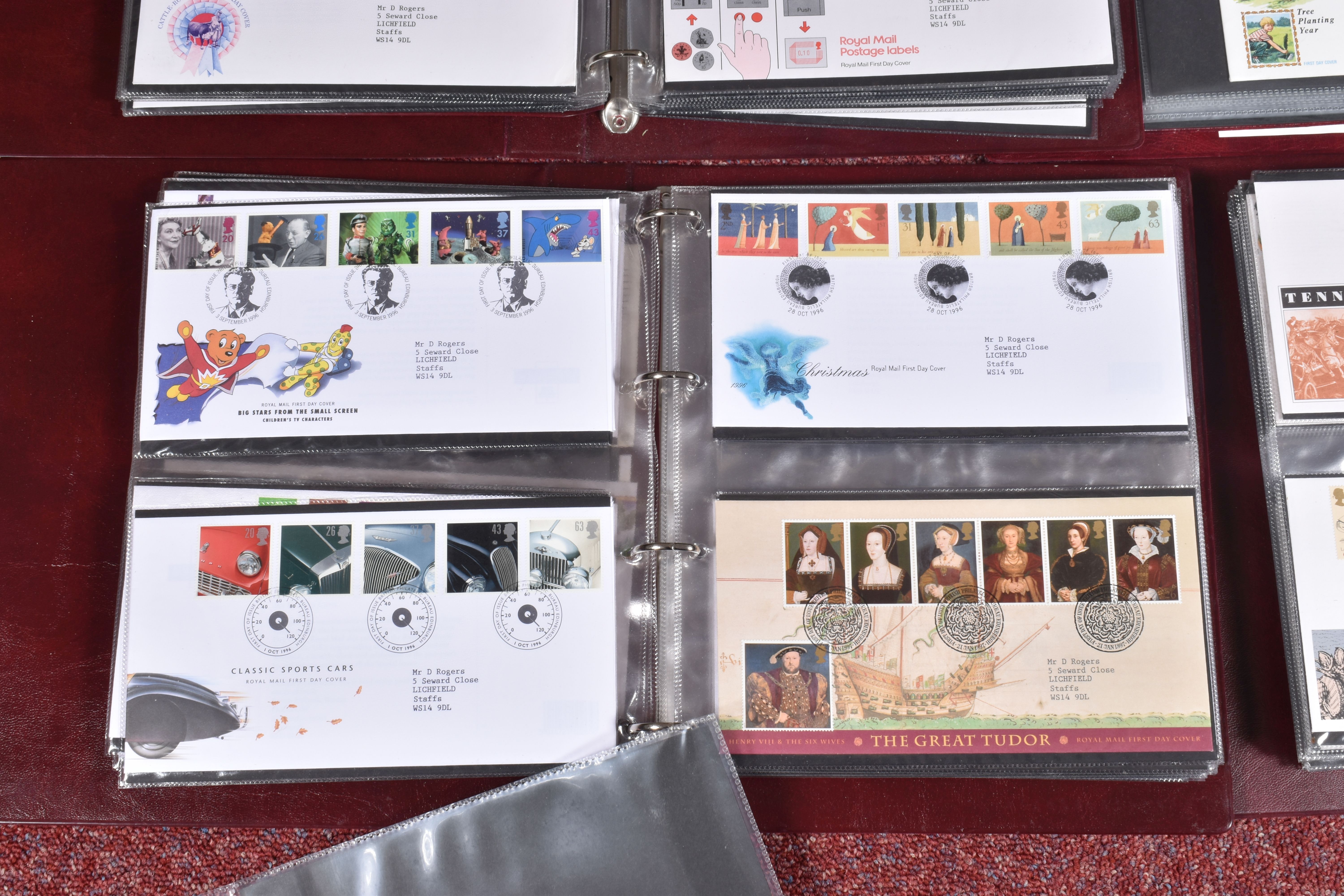 FOUR ROYAL MAIL FDC ALBUMS WITH COLLECTION OF GB FDCS TO 1999, we note a few sponsored types - Image 5 of 6