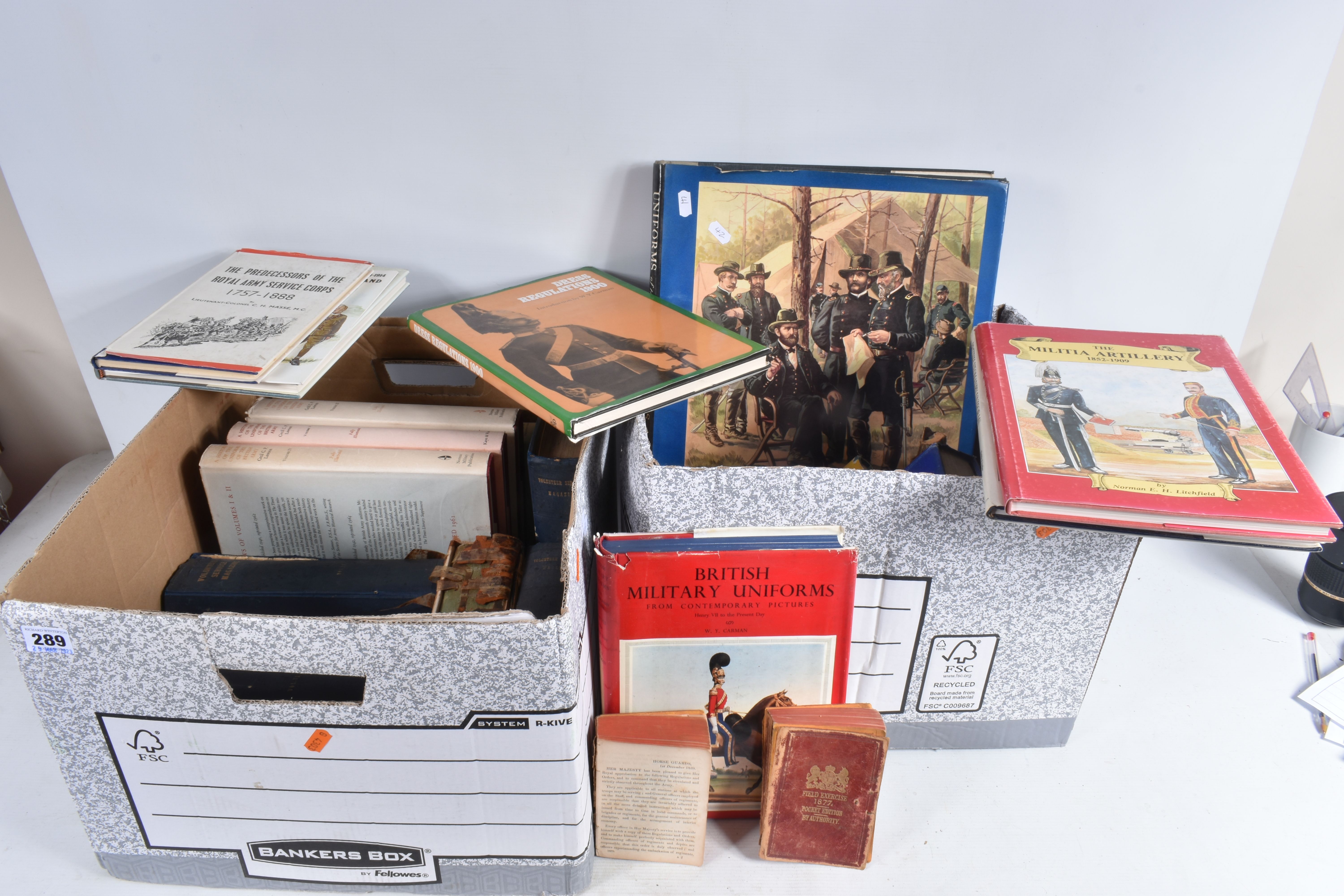 TWO BOXES OF MILITARY RELATED BOOKS, to include a good selection on British uniforms and dress