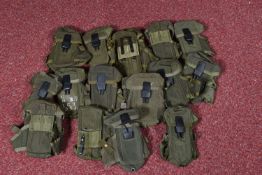 A BOX CONTAINING SIXTEEN US ARMY ISSUE AMMO/KIT POUCHES, green canvas with plastic grip catch and