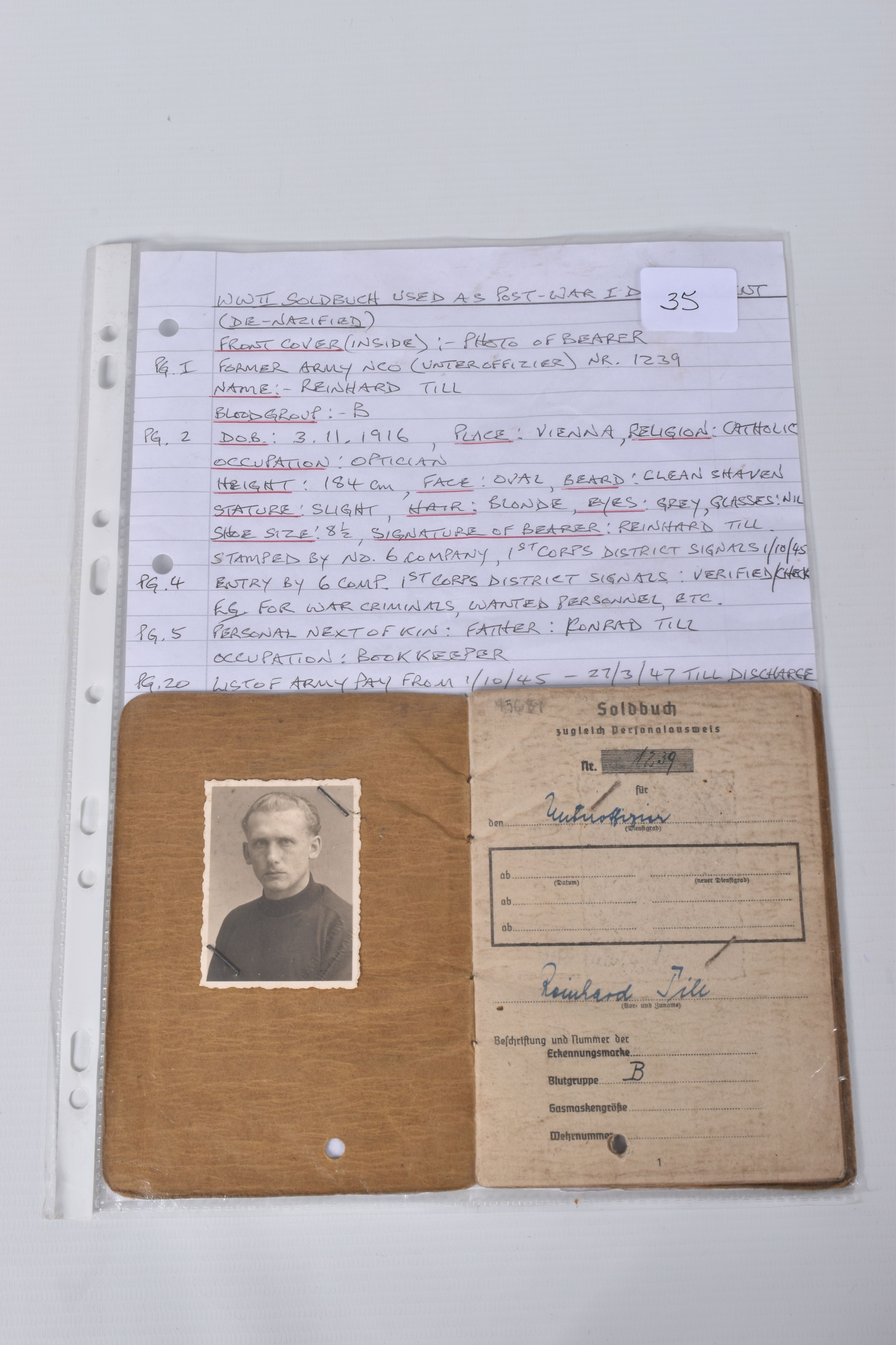 WWII SOLDBUCH USED AS POST-WAR ID DOCUMENT FOR REINHARD TILL, DOB 03/11/1916, place: Vienna,