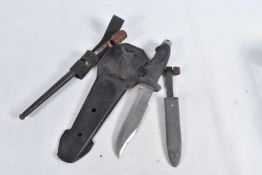 A DIVERS KNIFE, SPIKE BAYONET AND A SHEATH FOR A HJ DAGGER, the spike bayonet does show some surface