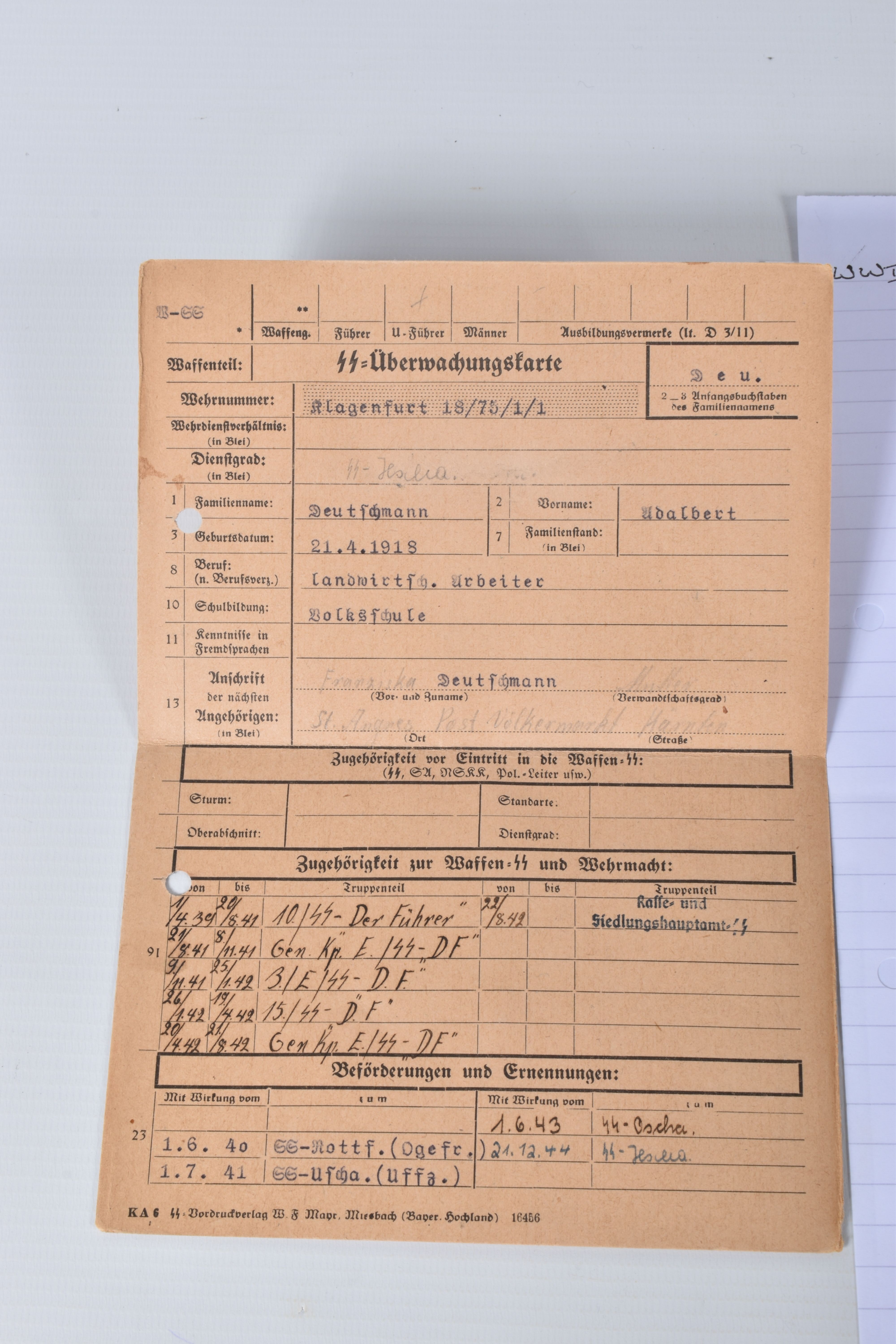 SS WEHRPASS (SERVICE) BOOK AND SS RECORD CARD for Adalbert Deutschmann, DOB 21/04/1918. place - Image 4 of 7