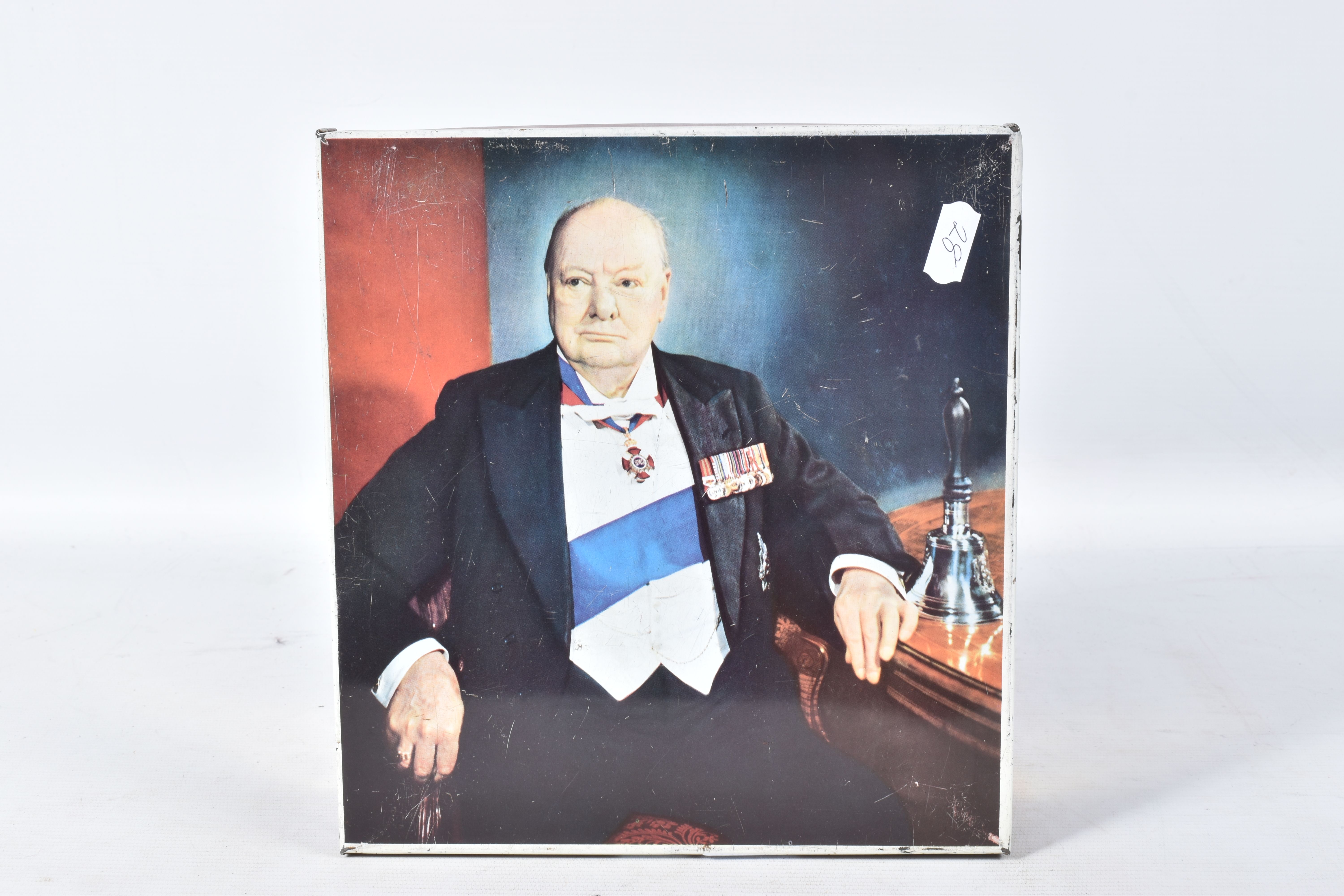 A WINSTON CHURCHILL BISCUIT TIN, containing a hallmarked silver cigarette holder, a cased set of - Image 2 of 17