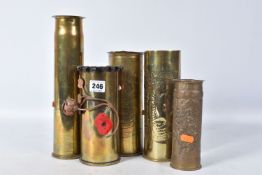 FIVE VARIOUS PIECES OF TRENCH ART, four are dated for WWI and the smallest does not appear to have