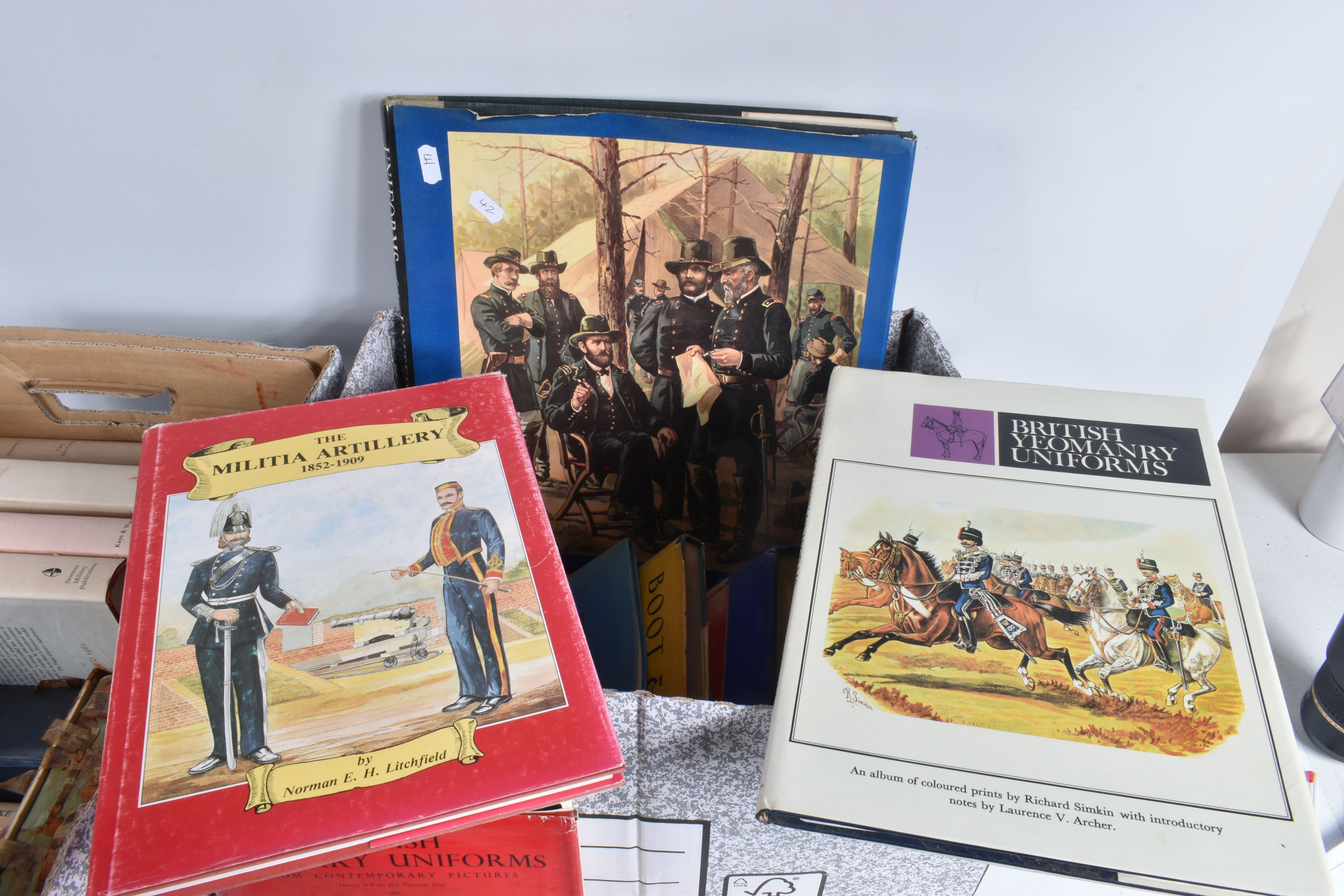 TWO BOXES OF MILITARY RELATED BOOKS, to include a good selection on British uniforms and dress - Image 3 of 5
