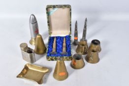 A NICE SELECTION OF SMALL TRENCH ART ITEMS, to include two sets of salt and pepper pots, a money