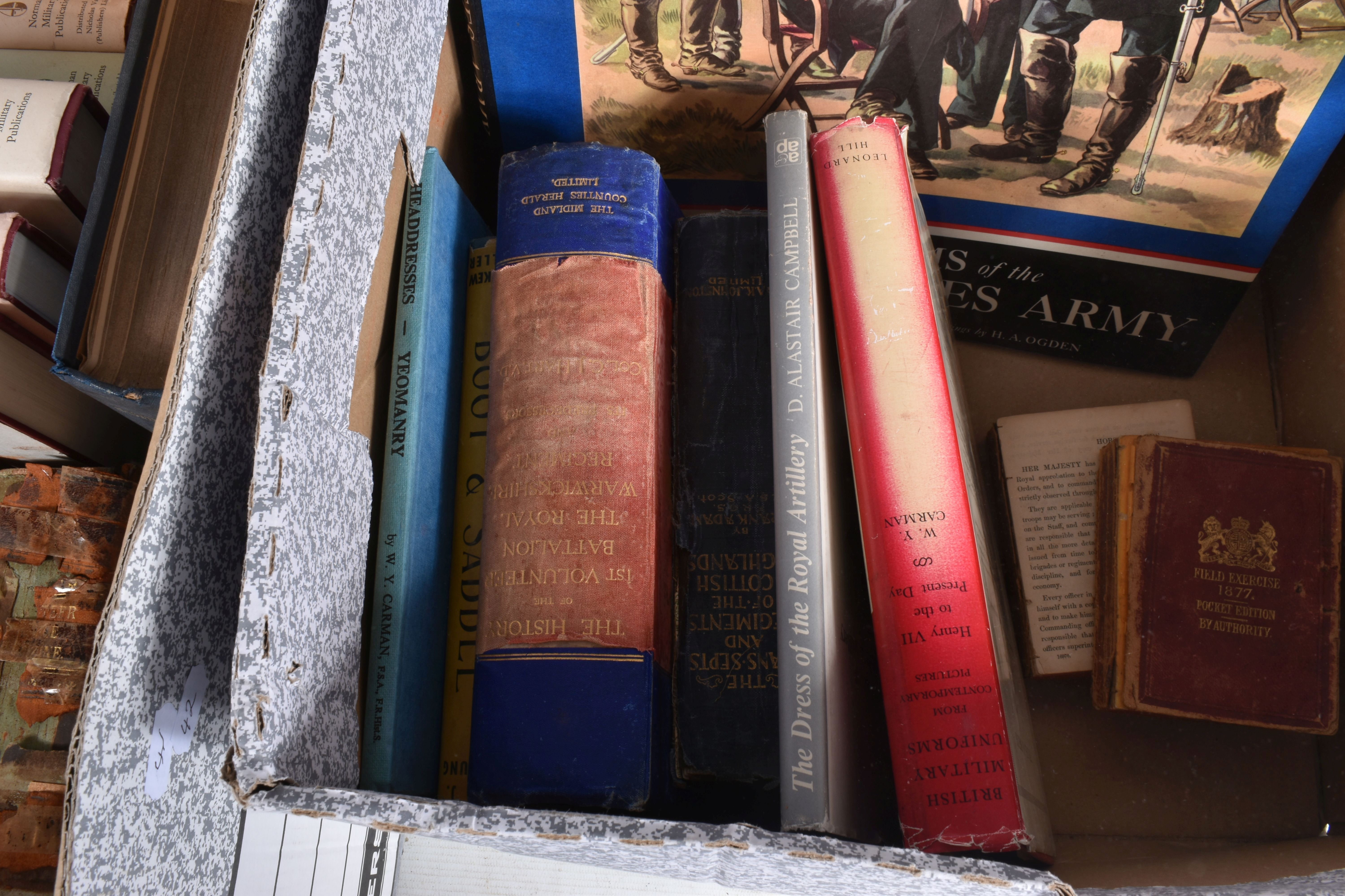 TWO BOXES OF MILITARY RELATED BOOKS, to include a good selection on British uniforms and dress - Image 5 of 5