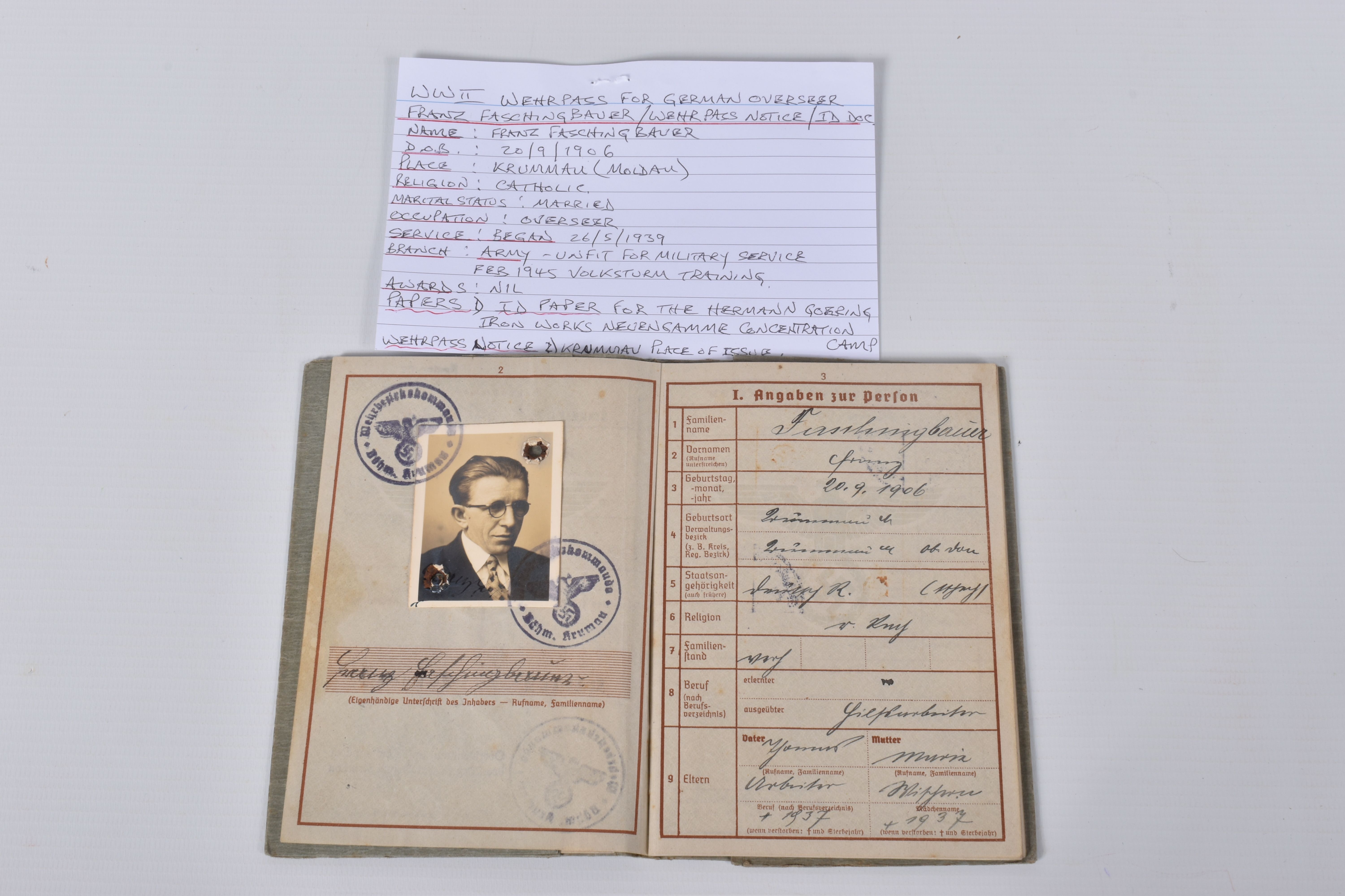 FRANZ FASCHINGBAUER, born 20/09/1906, place of birth Krummau ( Moldau) includes passport, ID paper - Image 2 of 11