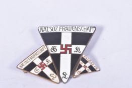 THREE NAT SOZ FRAUENSCHAFT SENIOR WOMENS LEADERS PIN BADGES, two are pin badges, the largest is