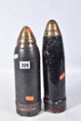 TWO TRENCH ART MISSILES WITH FUSES, the first measures approximately 7cm in diameter and