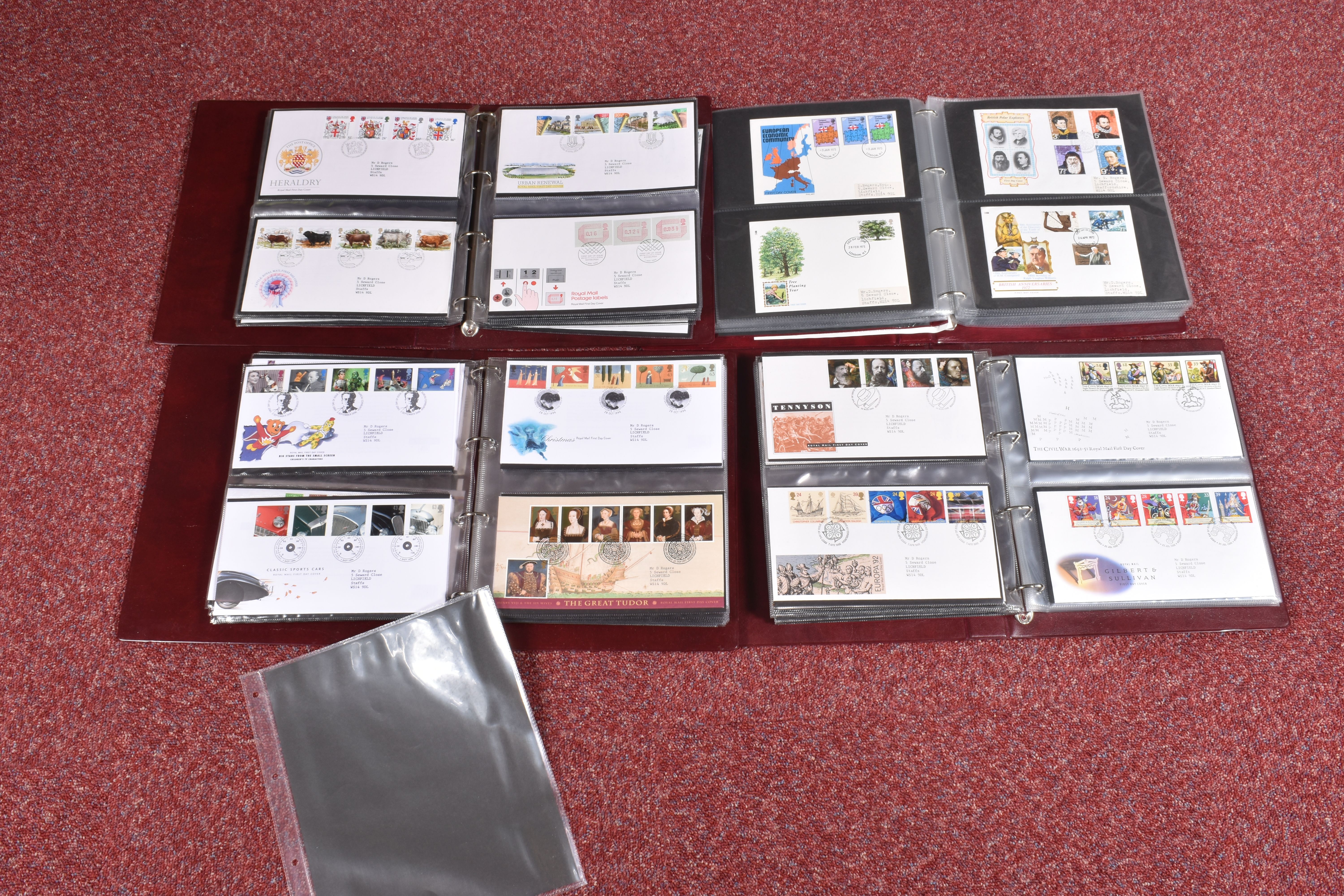 FOUR ROYAL MAIL FDC ALBUMS WITH COLLECTION OF GB FDCS TO 1999, we note a few sponsored types