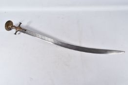 AN ANTIQUE TALWAR SWORD WITH AN ORNATE GILT HILT AND TRIPLE FULLERED BLADE, the blade itself has one