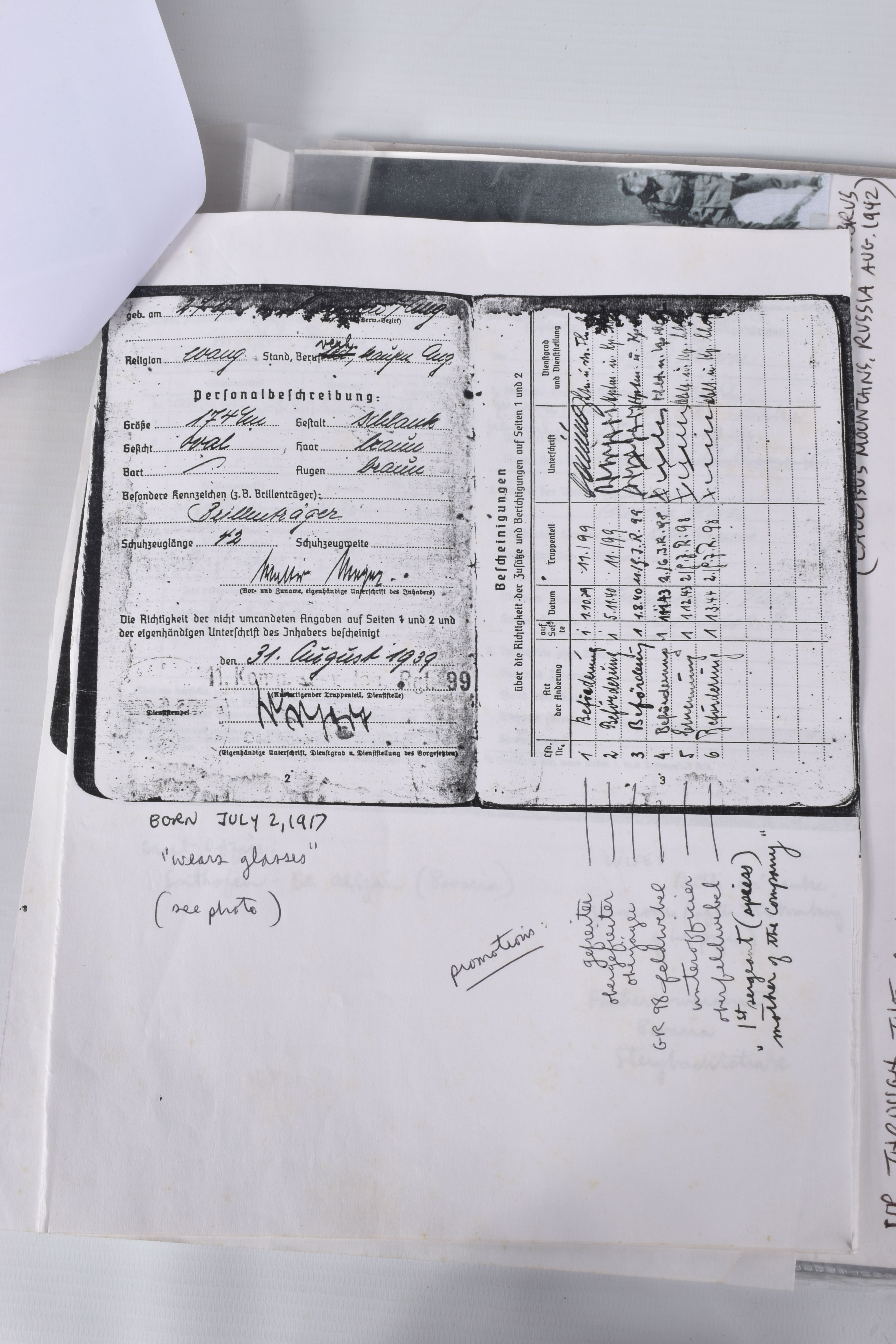 WALTER MEYER, SERGEANT, INCLUDES SOLDBUCH, photos, maps, and articles, red X through the Soldbuch - Image 3 of 24