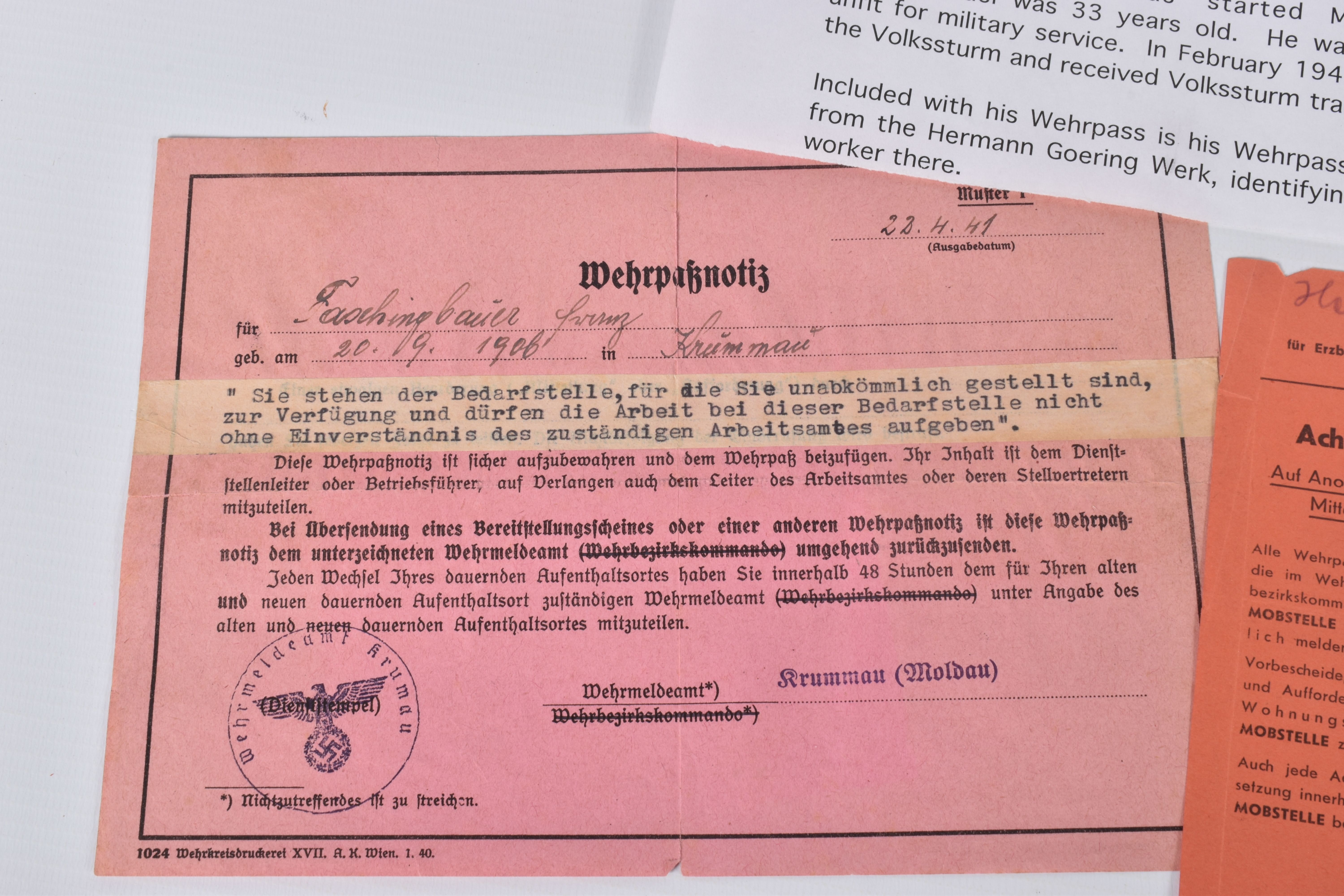 FRANZ FASCHINGBAUER, born 20/09/1906, place of birth Krummau ( Moldau) includes passport, ID paper - Image 6 of 11