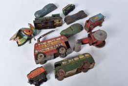 A QUANTITY OF ASSORTED TINPLATE TOYS, to include clockwork Betal Trolleybus, clockwork Wells Brimtoy