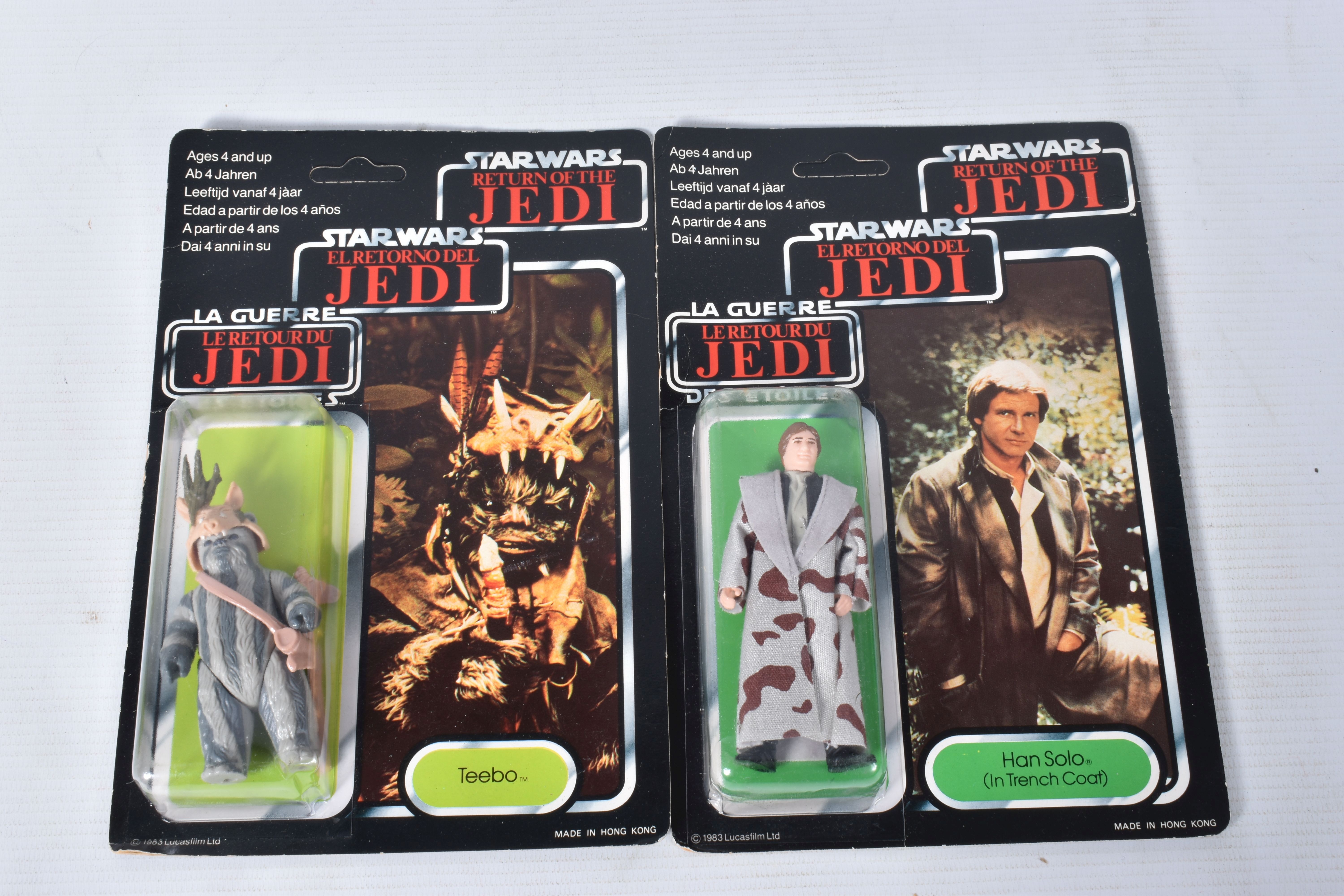 TWO SEALED PALITOY STAR WARS TRILOGO 'RETURN OF THE JEDI' FIGURES TO INCLUDE HAN SOLO (IN TRENCH