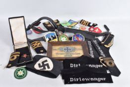 A BOX OF MILITARIA, to include a believed to be period family memorial of a German Iron Cross in a