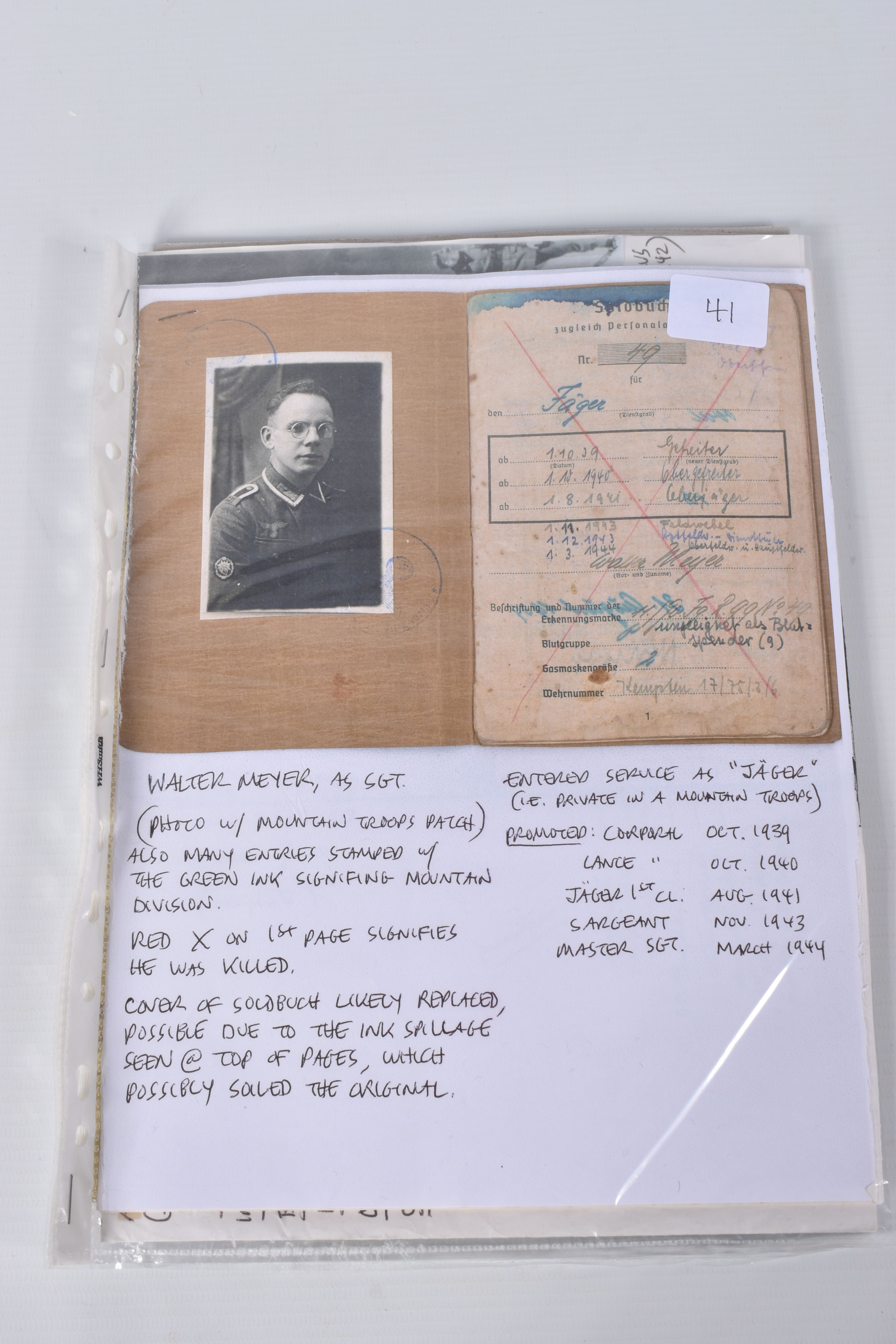 WALTER MEYER, SERGEANT, INCLUDES SOLDBUCH, photos, maps, and articles, red X through the Soldbuch