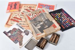 A BOX OF VARIOUS MILITARY RELATED ITEMS, to include a display of medal ribbons on a board, twenty