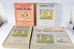 FOUR BOXED SUBBUTEO CRICKET AND RUGBY SETS, comprising Table Cricket Test Match Edition and 2 x Club