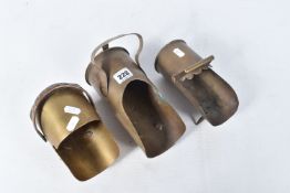 THREE TRENCH ART COAL SCUTTLES, two are dated 1915 and one is dated 1912, all three vary in size and